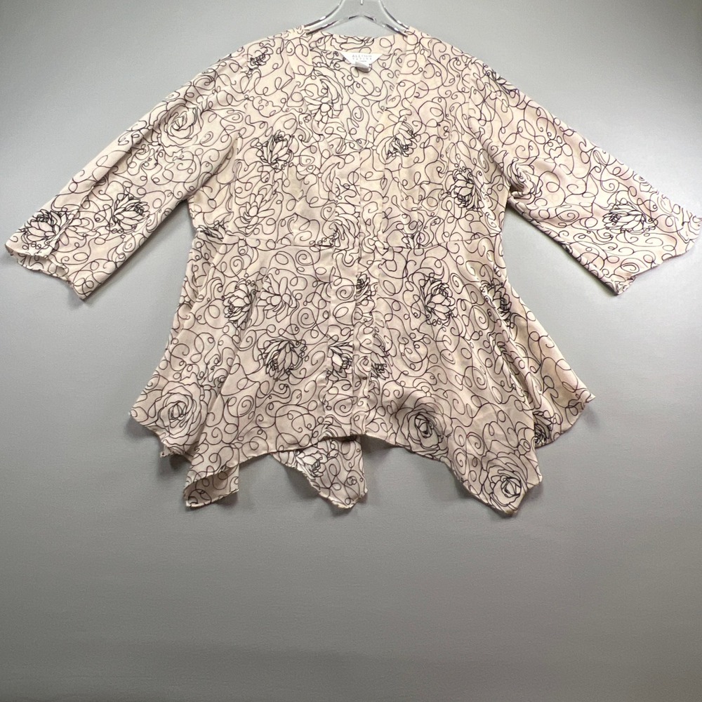 Allison Taylor Blouse Top Womens 1X Brown Black Swirling Floral Handkerchief Hem